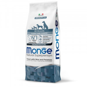MONGE DOG PUPPY JUNIOR ALL TROUT RICE sausā barība kucēniem Forele, rīsi 12kg